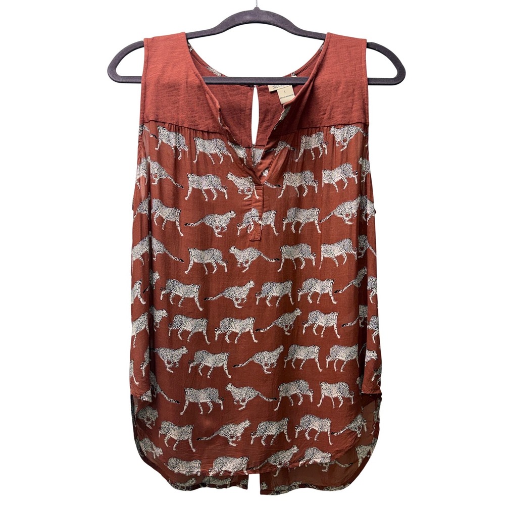 Lucky Brand Cheetah Print Boho Tank Top Large Rust Sleeveless Festival - Picture 2 of 13